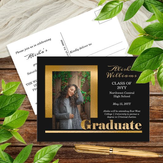 Klassisch elegant Gold Text Graduate 1 Foto Schwar Postkarte