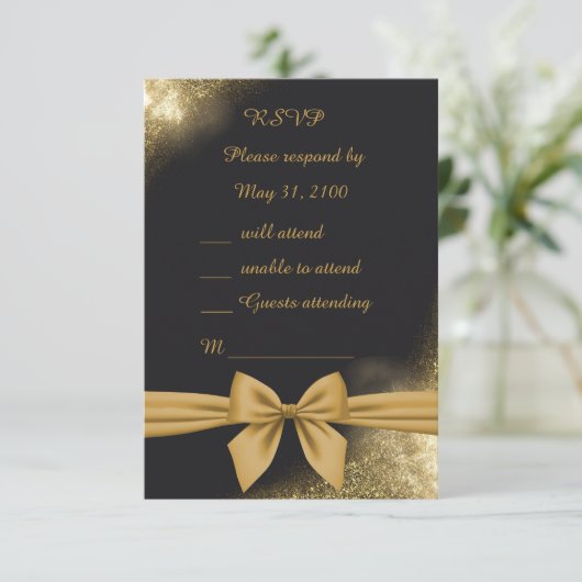 klassisch elegante filigrane schwarze goldene Hoch RSVP Karte (Stehend Vorderseite)