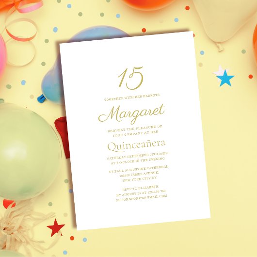 klassisch elegante Quinceañera, weiß und goldfarbe Einladung
