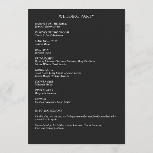 Klassisch elegante Rustikale Hochzeit an der blühe Programm (Rückseite)