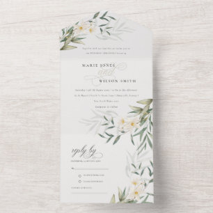 Klassisch elegante weiße Grüne Floral Hochzeit All In One Einladung