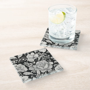 Klassisch Floral Schwarz und Weiß Vintage Glasuntersetzer