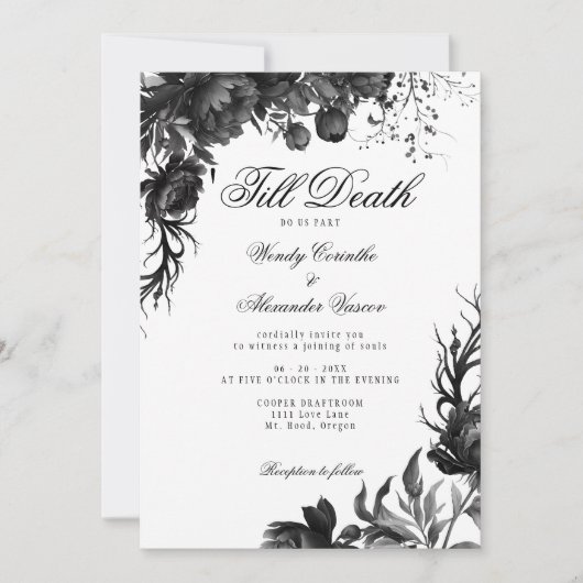 Klassisch gotisch weiß bis zum Tode Hochzeit Detai Einladung (Vorderseite)