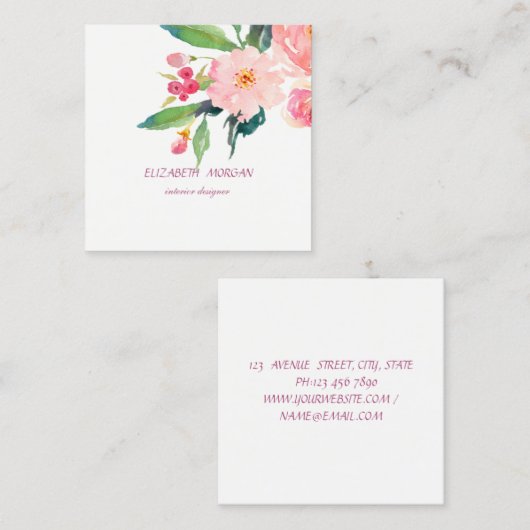 Klassisch Moderne, romantische Wasserfarben, weiß Quadratische Visitenkarte (Vorne/Hinten)