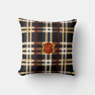 Klassisch monogrammiertes Karo Beige Rot & Schwarz Kissen