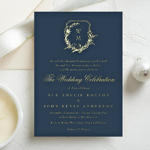 klassisch Navy Blau monogrammiertes Hochzeitsgold- Folieneinladung