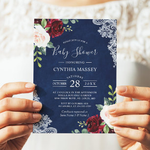 Klassisch Navy Blau Rot Blush Floral Baby Shower Einladung