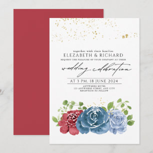 Klassisch Navy Blau Rote Florale Grüne Hochzeit  Einladung