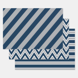 Klassisch Navy Blau und Grau Geometrische Streifen Geschenkpapier Set