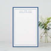 Klassisch Navy Blau Zwei-Rahmen-Monogramm-Linien Briefpapier (Stehend Vorderseite)