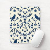 Klassisch Navy Blaues Vogel-Damask-Toile-Silhouett Mousepad (Mit Mouse)
