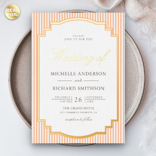 Klassisch Orange Gestreifte Foto Hochzeit Gold Folieneinladung