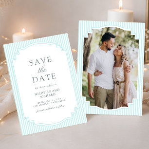 Klassisch Pastell Blau Gestreifte Foto Hochzeit Save The Date