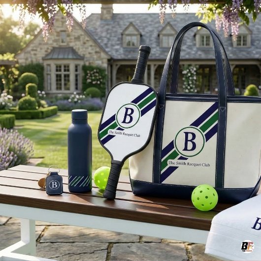 Klassisch Preppy Navy Grün Gestreift Monogramm Pickleball Schläger