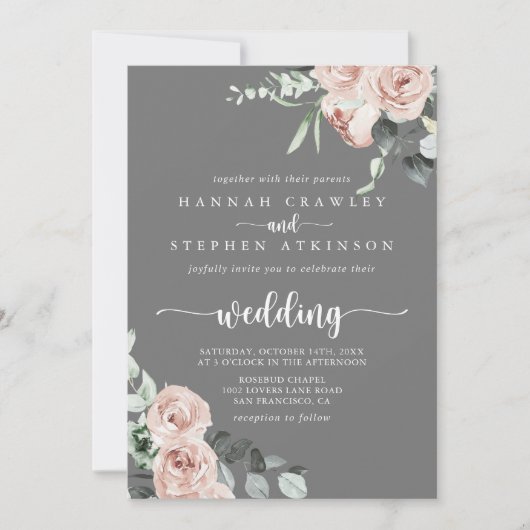 Klassisch rosa, floralgraue Vorder- und Rückseite- Einladung (Vorderseite)