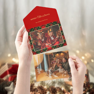 Klassisch Rot, Grün, Gold-Weihnachtskariert 1-Foto All-in-One-Einladung