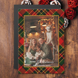 Klassisch Rot, Grün, Gold Weihnachtskariert 1-Foto Magnetkarte