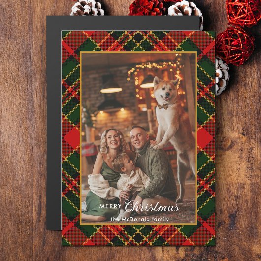 Klassisch Rot, Grün, Gold Weihnachtskariert 1-Foto Magnetkarte