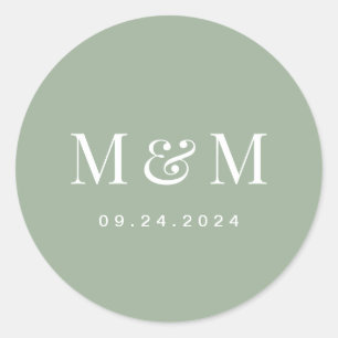 Klassisch Sage Grün Monogramm-Typografie Hochzeit Runder Aufkleber