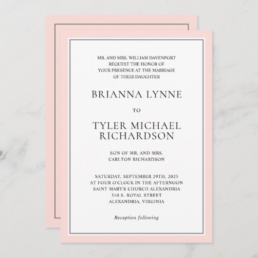 Klassisch schlicht, elegant rosa Edging Wedding Einladung (Vorne/Hinten)