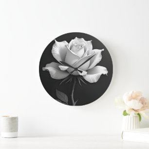 Klassisch Schwarz mit weißem Rosendesign Große Wanduhr