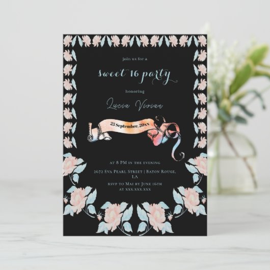 Klassisch schwarz und leicht rosa, blumensüß 16 einladung (Stehend Vorderseite)