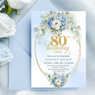 Klassisch staubblaues florales Grün zum 80. Geburt Einladung
