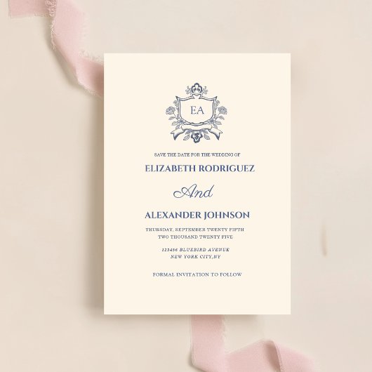 Klassisch staubig blue und creme save the date