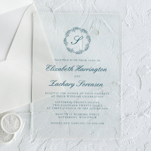 Klassisch Teal Blau Monogramm Kranz Schrift Hochze Acryleinladungen