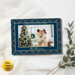 Klassisch Vintage Blau Kariert Foto Weihnachten Go Folien Feiertagskarte