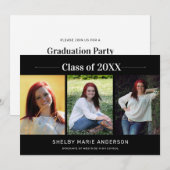 Klassische 3-Foto-Black Background Graduation Part Einladung (Vorne/Hinten)