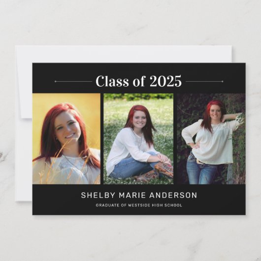 Klassische 3-Foto-Black Background Graduation Part Einladung (Vorderseite)