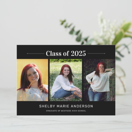 Klassische 3-Foto-Black Background Graduation Part Einladung (Stehend Vorderseite)