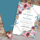 Klassische Aquamarine Hochzeit in Blau und Rosa Einladung