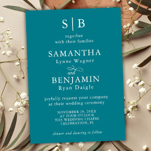 Klassische Aquamarine Monogramminitials Hochzeit Einladung