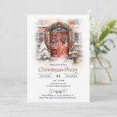 Klassische Aquarelltür Weihnachtsrot mit Schnee Einladung (Stehend Vorderseite)