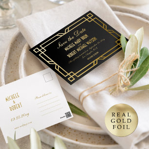 Klassische Art Deco Schwarz Gold Save-the-Date-Pos Folien Feiertagspostkarte