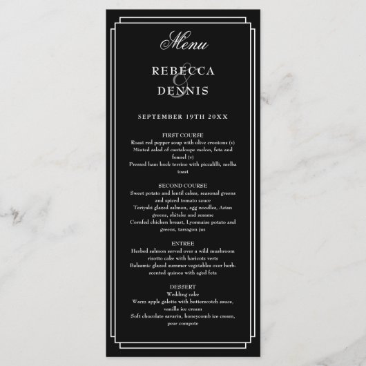 Klassische Art Deco Schwarz-Weiß-Hochzeit Menükarte (Vorderseite)