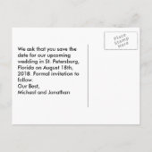 Klassische Art Gay Wedding rettet das Datum Ankündigungspostkarte (Rückseite)