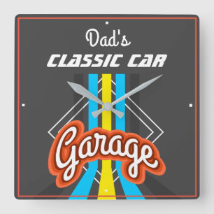 Klassische Autogarage Retro-Farben Typografie Grau Quadratische Wanduhr