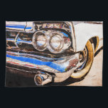 Klassische Autovergnügung Küchentuch<br><div class="desc">Klassisches amerikanisches Auto aus dem Jahr 1950. Teilansicht der Scheinwerfer,  Vorderrad und Stoßstange</div>