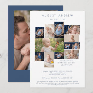Klassische Baby-Erstgeburtstags-Blau-Collage LPM26 Einladung