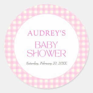 Klassische Baby-Party im rosa Gingham-Look für Mäd Runder Aufkleber