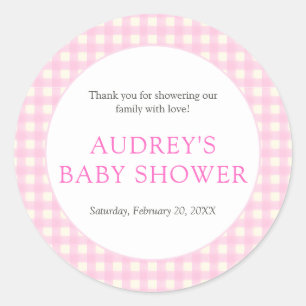 Klassische Baby-Party im rosa Gingham-Look für Mäd Runder Aufkleber