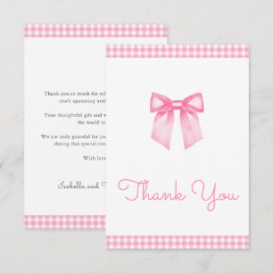 Klassische Baby-Party mit rosa Gingham-Schleife Dankeskarte