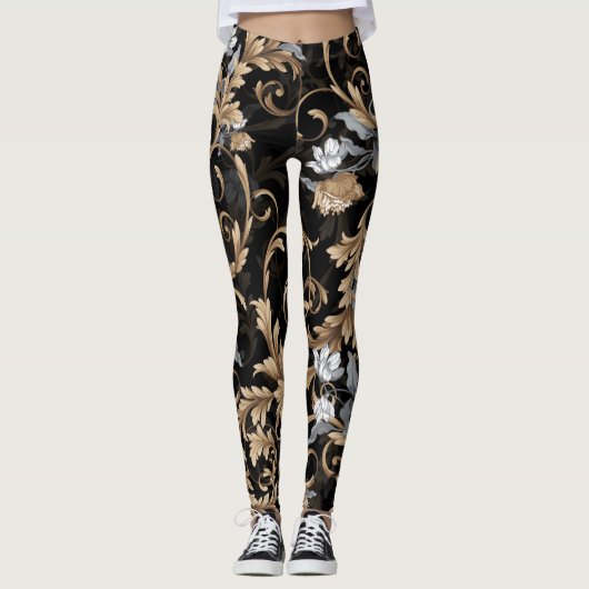 Klassische barocke Blume: schwarzer Hintergrund. Leggings (Vorderseite)