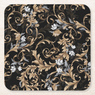 Klassische barocke Blume: schwarzer Hintergrund. Rechteckiger Pappuntersetzer