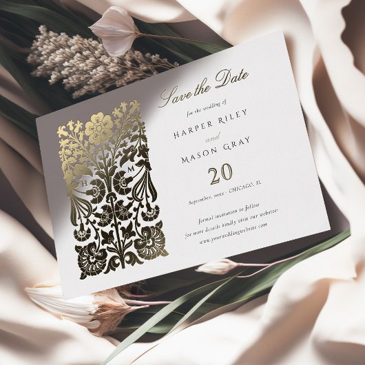 Klassische Beige und Elfenbeinflora Save the Date Folieneinladung