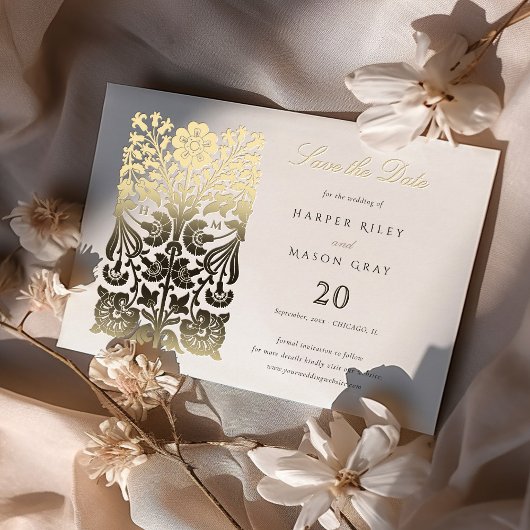 Klassische Beige und Elfenbeinflora Save the Date Folieneinladung