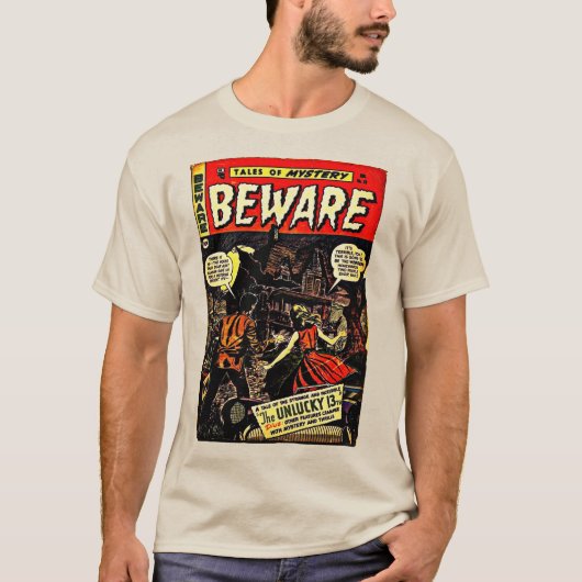 Klassische "BEWARE" Fantasy Comic T - Shirt (Vorderseite)
